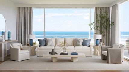 Coastal Beach A modern living room with a white sofa and chairs, a coffee table, and a view of the ocean.