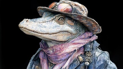 Alligator in Sunglasses and Hat: A Detailed Portrait