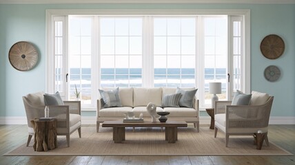 Coastal Beach A coastal living room with large windows overlooking the ocean.