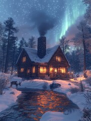Fototapeta premium Cozy Cabin in a Winter Wonderland