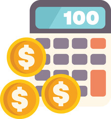 This vector illustration shows a calculator displaying the number one hundred, with three coins surrounding it, symbolizing money and wealth