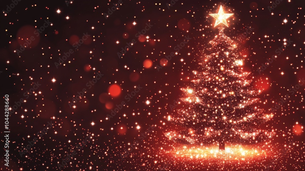 Poster starry christmas tree vector background in red and brown for festive card design with glowing sparkl