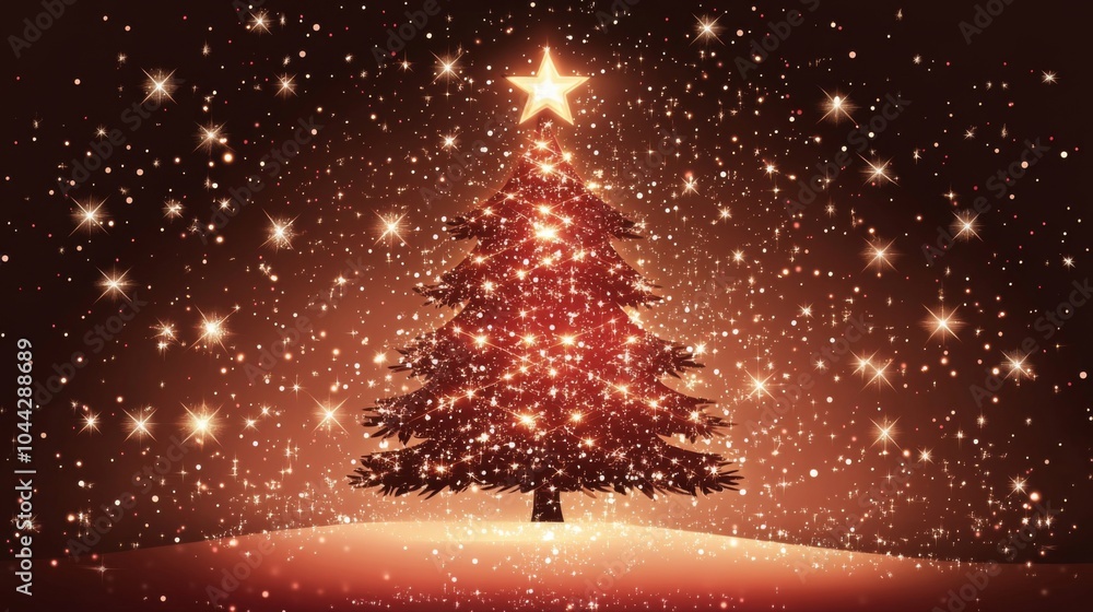 Poster starry christmas tree vector background in red and brown for festive card design with glowing sparkl