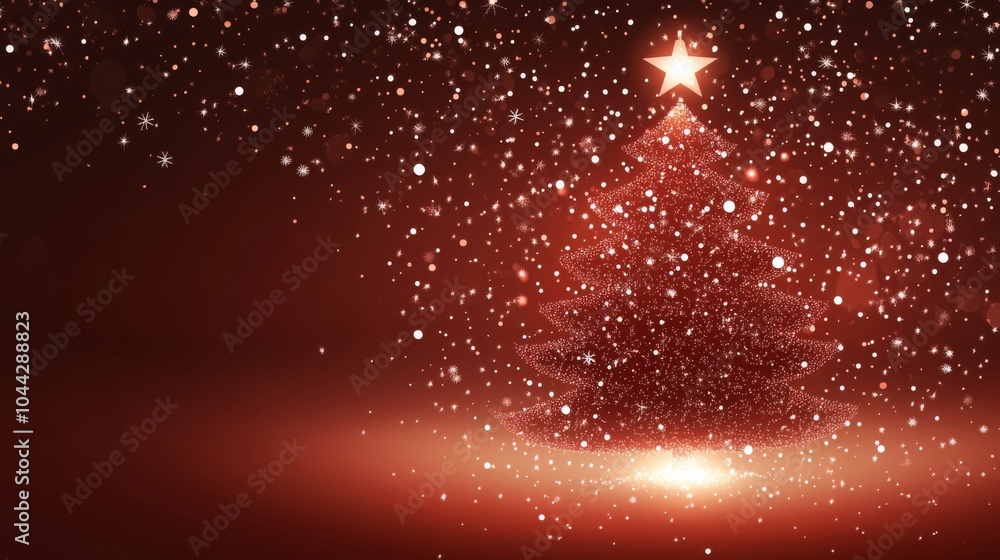 Poster starry christmas tree vector background in red and brown for festive card design with glowing sparkl