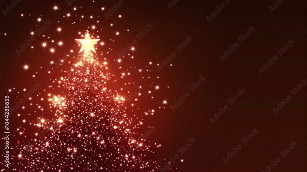 Poster starry christmas tree vector background in red and brown for festive card design with glowing sparkl