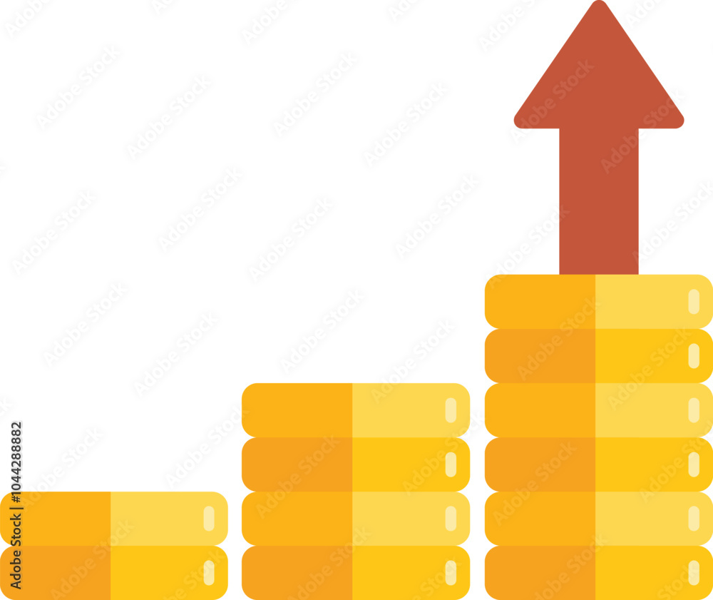 Poster simple image of stacks of gold coins getting higher with a red arrow pointing up, showing increasing