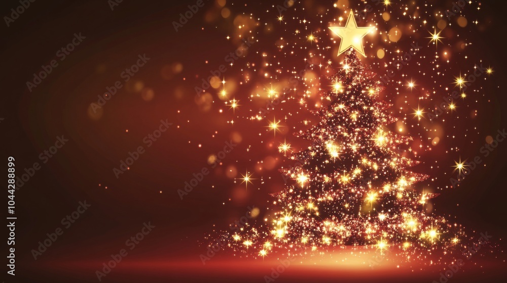 Poster starry christmas tree vector background in red and brown for festive card design with glowing sparkl