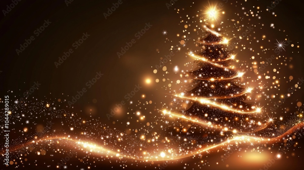 Poster starry christmas tree vector background in red and brown for festive card design with glowing sparkl