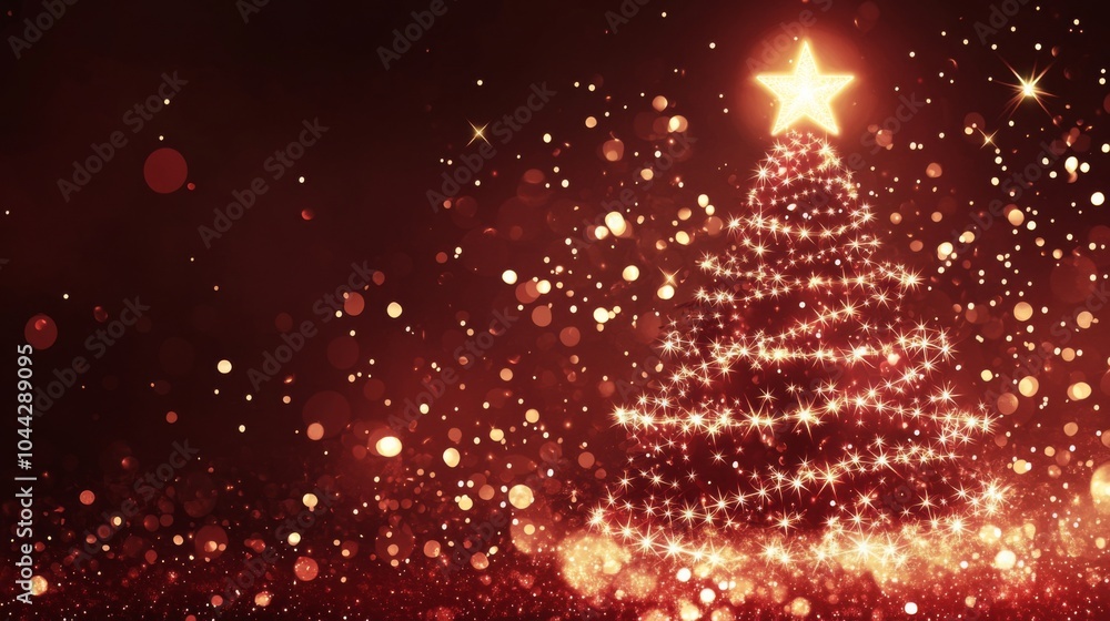 Poster starry christmas tree vector background in red and brown for festive card design with glowing sparkl
