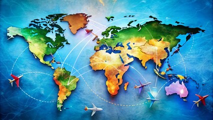 Flight Route Dashed Line Overlaid on World Map for Air Travel Visuals and Airline Marketing