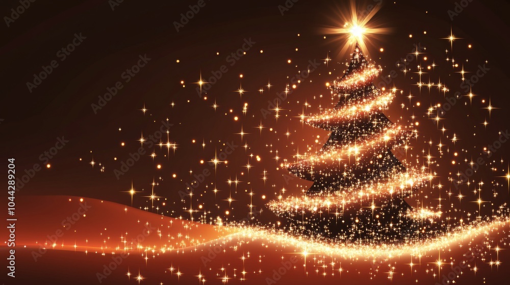 Poster starry christmas tree vector background in red and brown for festive card design with glowing sparkl