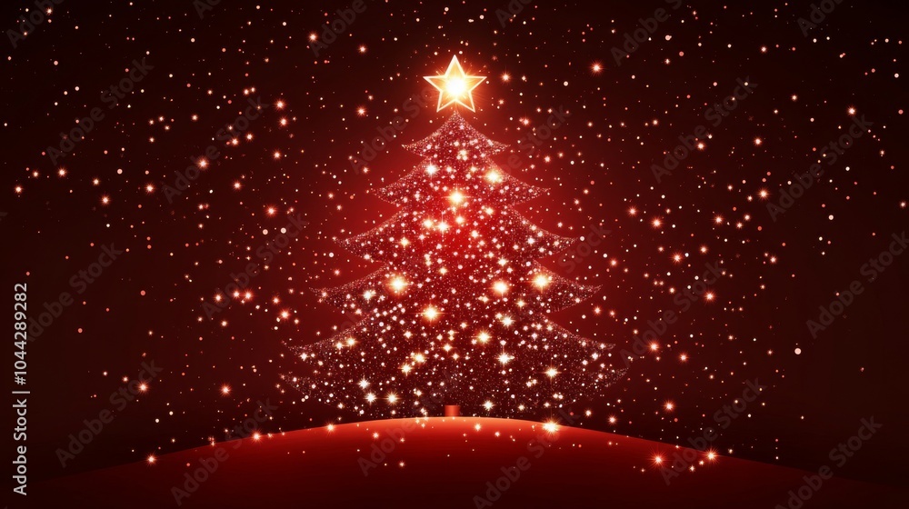 Poster starry christmas tree vector background in red and brown for festive card design with glowing sparkl