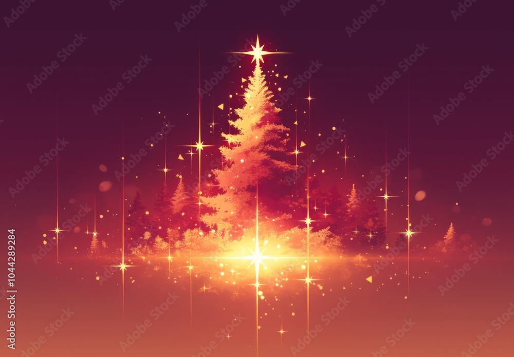 Poster starry christmas tree vector background in red and brown for festive card design with glowing sparkl