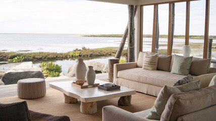 Coastal Beach A living room with large windows overlooking a tranquil lagoon.