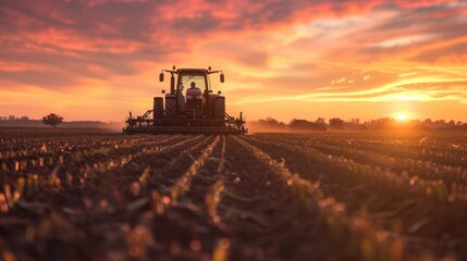 Fototapeta premium Tractor Working Field at Sunset