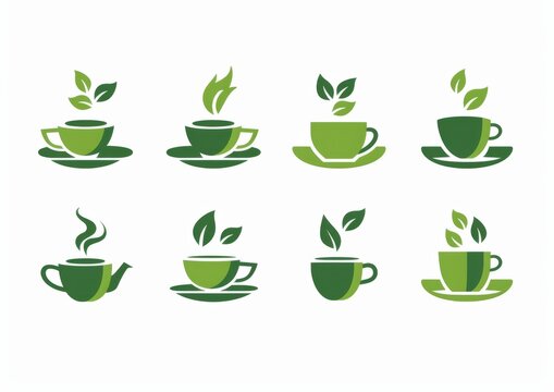 Elegant Set of Tea Logo Designs Featuring Tea Leaves and Cups in a High-End Flat Style with Green Tones

