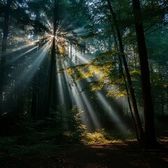 Obraz premium Magical forest clearing with rays of sunlight breaking through the trees
