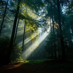 Obraz premium Magical forest clearing with rays of sunlight breaking through the trees