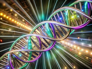 Glowing Double Helix of DNA in Long Exposure with Vibrant Colors and Digital Art Style for Science and