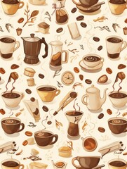 Obraz premium Coffee-Themed Vector Pattern for Kitchen Towel Featuring Vintage Coffee Pot, Mugs, and Beans in Earthy Tones
