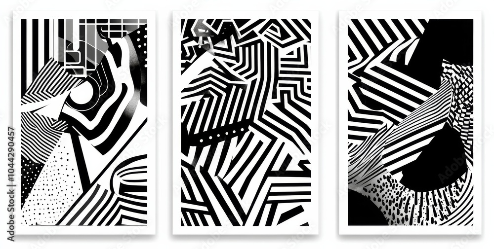 Poster set of three abstract line art panels featuring bold geometric patterns with rounded corner frames