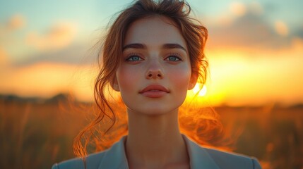 Portrait of a Woman with Red Hair and Blue Eyes Against a Sunset Background