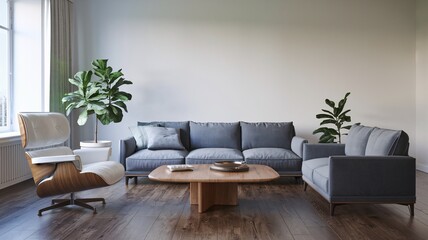 Contemporary Minimalist living room with a grey sofa, wooden coffee table, and two plants.