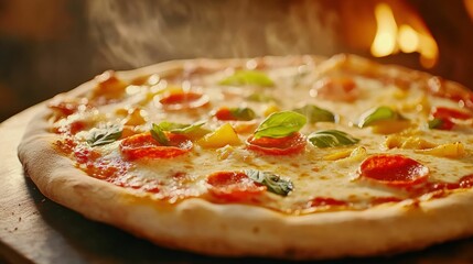 Vegetarian concept. A pizza with pepperoni and basil on top