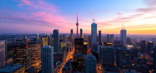 Naklejka premium City skyline at dusk with colorful sky and high-rise buildings.