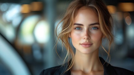Obraz premium Close-up Portrait of a Young Woman with Blonde Hair and Blue Eyes