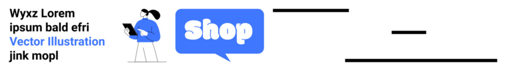 Person holds mobile device next to a speech bubble with Shop text inside. Ideal for online retail stores, e-commerce platforms, mobile shopping apps, internet marketing, and digital advertisements