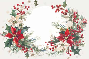 Watercolor Winter Floral Frame Featuring Holly and Mistletoe on a White Background