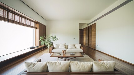 Contemporary Minimalist living room with white sofa and wooden floor.