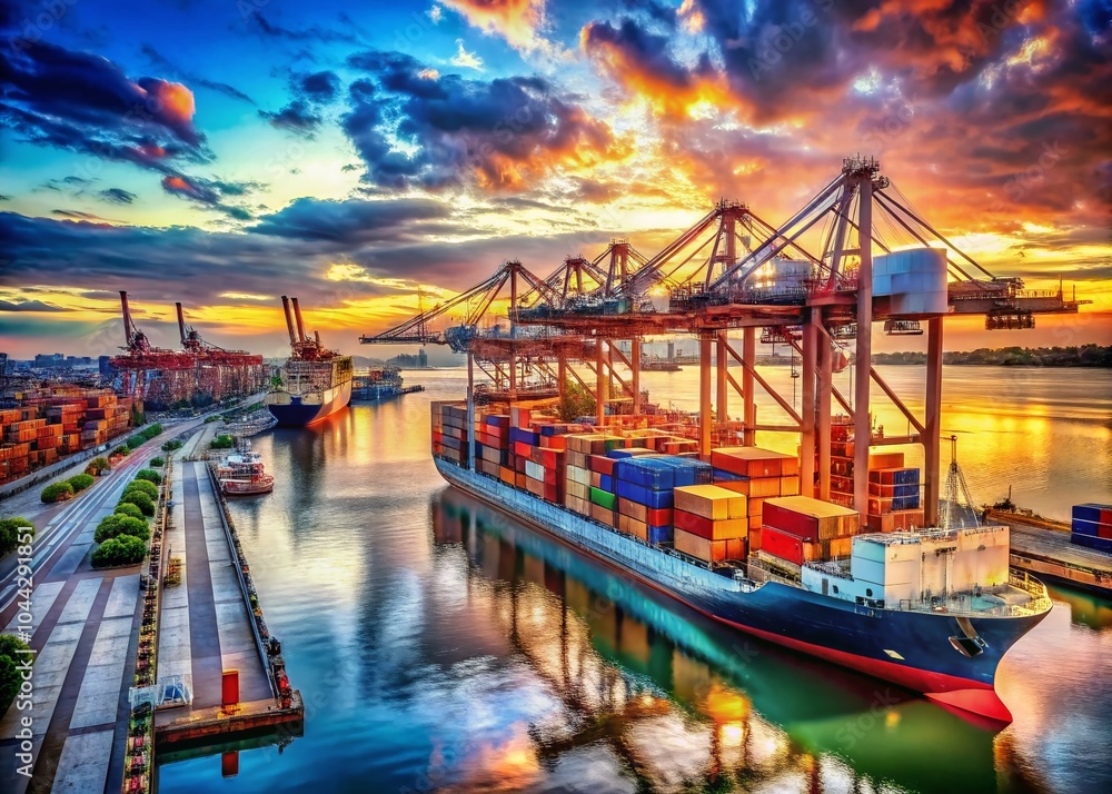 Poster high dynamic range shipping scene with cargo containers and freight ships in a busy port