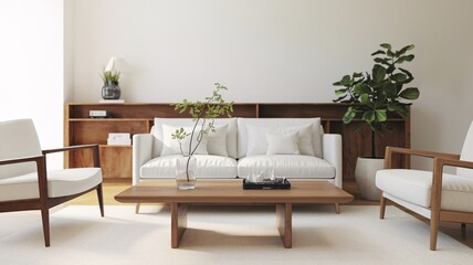 Contemporary Minimalist living room interior with white sofa, two armchairs, wooden coffee table, and shelves.