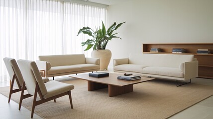 Fototapeta premium Contemporary Modern living room with two white sofas, a coffee table, two armchairs, a large plant, a bookcase, and a rug.