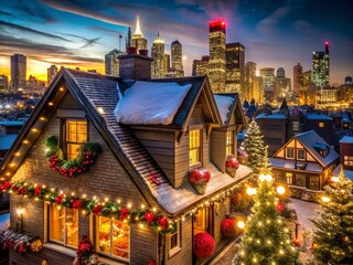 Obraz premium House Roof Christmas Decorations in Urban Settings Capturing Festive Spirit and Holiday Cheer
