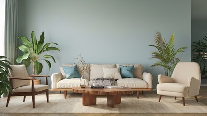 Contemporary A modern living room with a light blue wall, a white couch, and two armchairs, a wooden coffee table, and plants.