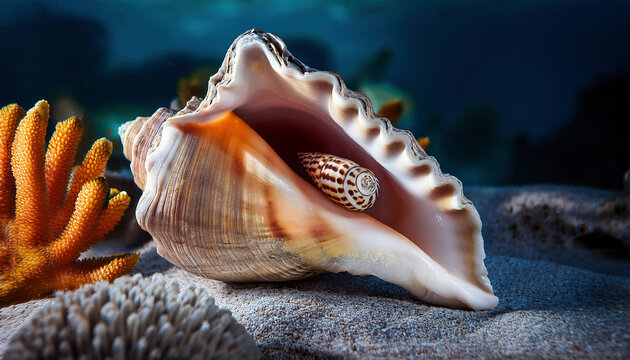 A queen conch nestled within a sizable shell rests underwater, surrounded by vibrant coral formations.