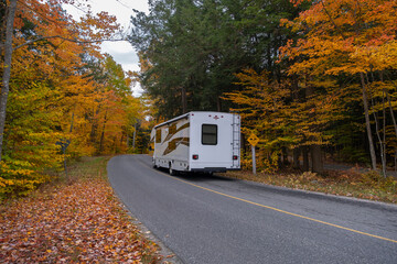 Camper van truck driving on a road surrounded by colorful maple trees with bright yellow leaves in fall season. Killbear Provincial Park, Ontario, Canada.