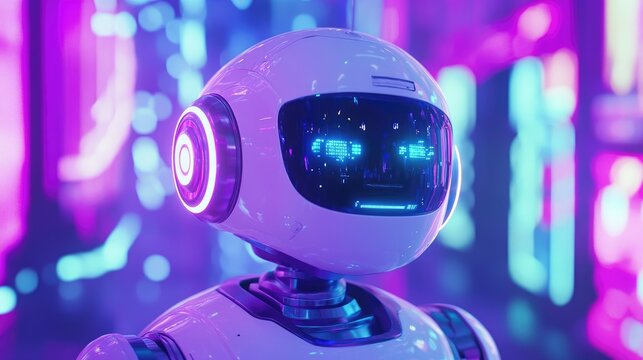 White Robot Head with Blue Glowing Eyes in a Futuristic Setting