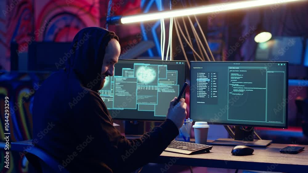 Poster hacker arriving in secret underground base with ssd containing data from victim after tricking it in
