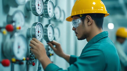 A focused technician in a hard hat examines pressure gauges in an industrial setting, showcasing expertise in monitoring and safety protocols.
