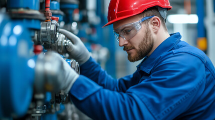 A focused technician in a red helmet and gloves operates machinery in an industrial setting, showcasing expertise and safety in mechanical work.