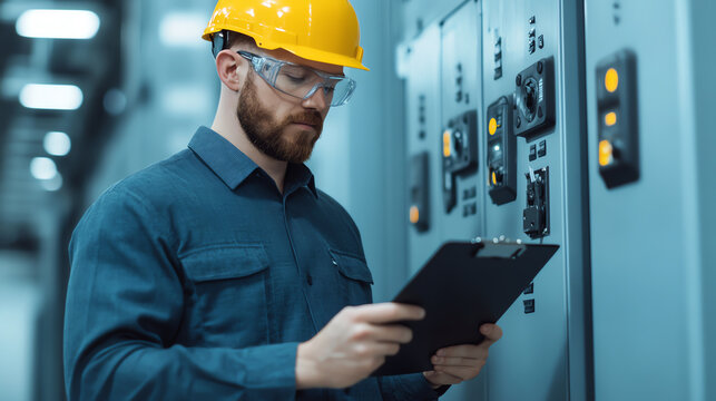 A focused technician in safety gear inspects control panels, highlighting attention to detail and safety in an industrial environment.