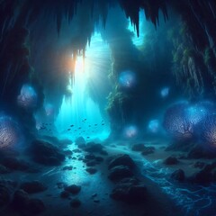 Obraz premium Mystical underwater cave with glowing sea creatures