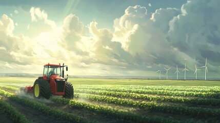 Tractor in a Field with Wind Turbines
