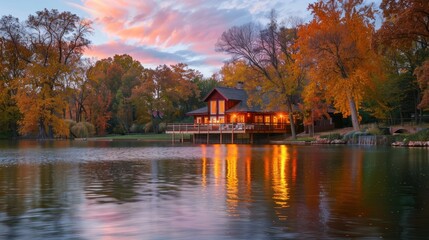 Fototapeta premium Cabin by the Lake at Sunset