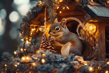Obraz premium A joyful squirrel adorns a christmas tree in a charming woodland cottage with twinkling lights
