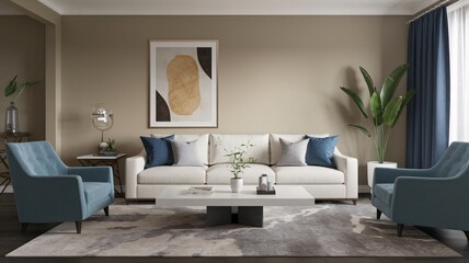 Contemporary Modern living room interior with white sofa, blue armchairs, coffee table, and rug.